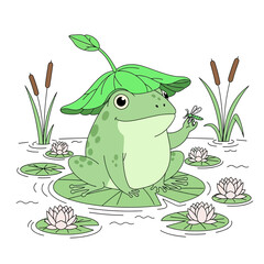 Fototapeta premium Cute Frog With Leaf Hat Sitting On Lily Pad Surrounded By Water Lilies And Dragonflies