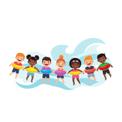 Naklejka premium Diverse Children Joyfully Holding Hands With Inflatable Rings During Summertime Fun Activity