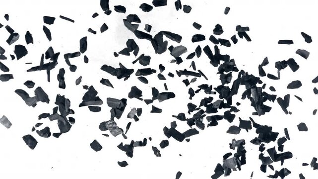 Super Slow Motion Flying and Colliding Charcoal Isolated On White Background at 1000 fps.