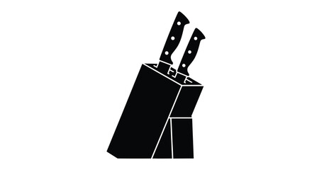 A stark black and white image depicting two kitchen knives inserted into a solid rectangular knife block high quality professional