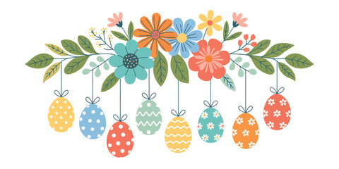 Colorful Easter eggs hanging from flowers and leaves arrangement