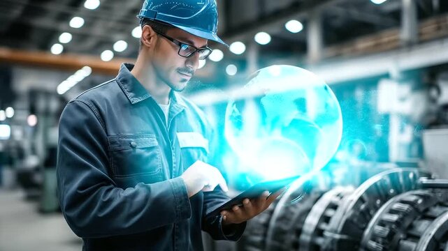 Faceless worker inspecting robotic separator in purification process, merging human expertise and automation, industrial collaboration scene, with copy space