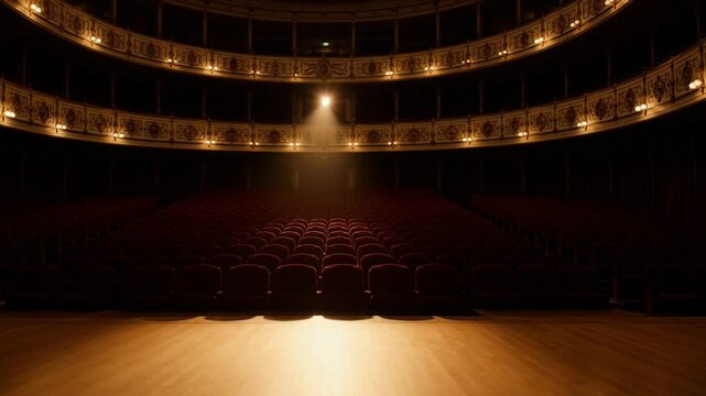 Static Shot of Empty Grand Theater Stage Illuminated by a Single Spotlight