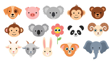 Fototapeta premium Selection of cute animal head icons featuring species like a dog, pig, koala, monkey, and a single smiling flower character.