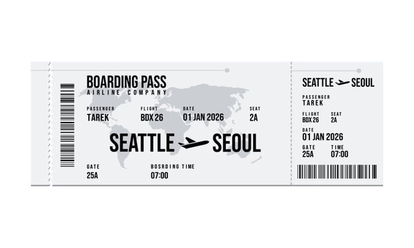 Airline boarding pass ticket for Seattle to Seoul flight
