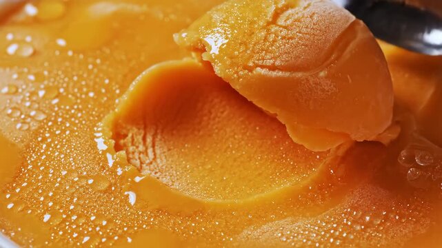 Orange sorbet being scooped with a metal ice cream scoop 4K Video