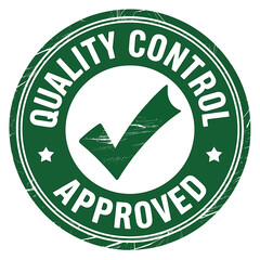 Green quality control approved stamp with checkmark and stars