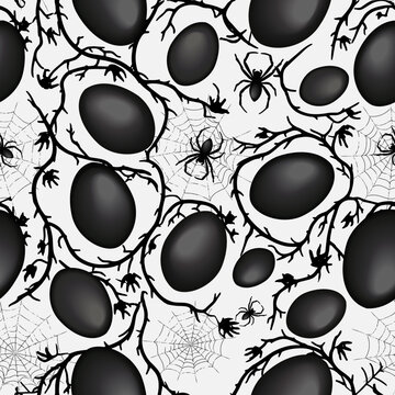 Seamless pattern gothic Easter spiders webs and black eggs, vector eps 10