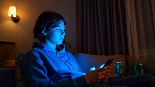 Person using phone on couch in dim light