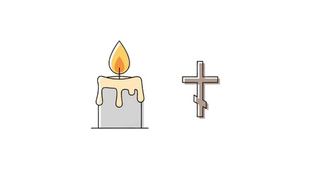 Obraz premium Gray candle with melting wax and yellow flame next to brown cross
