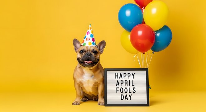 Adorable french bulldog wearing a festive party hat, sitting happily next to a 'Happy April Fools Day' sign and colorful balloons on a bright yellow background, full of cheer.