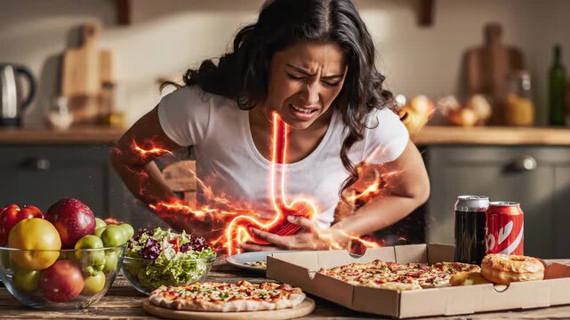 Person experiencing severe stomach pain, heartburn, and indigestion after eating unhealthy food like pizza, indicating digestive system problems such as gastritis or stomach ulcers