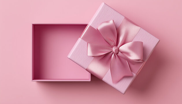Open present box wrapped with red bow tie on pink background. Valentine's day giftbox for luxury product mockup.