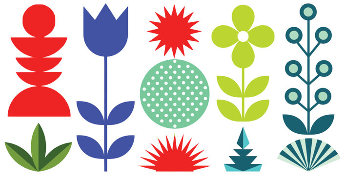 Collection of bright abstract geometric floral and natural shapes featuring vibrant primary colors in a stylized folk art pattern arrangement