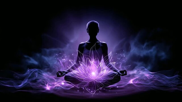Crown chakra meditation silhouette visualization, activation of seventh chakra sahasrara transcendence with purple lotus radiating light and smoke, spiritual energy, with copy
