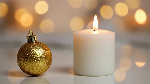 Candle and golden ornament on table