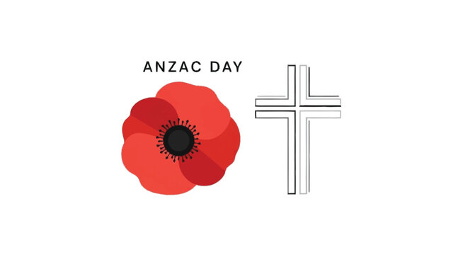 Red poppy and white cross on white background with Anzac Day text