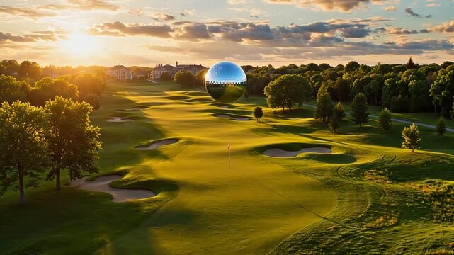 Golf course with disco ball at sunset