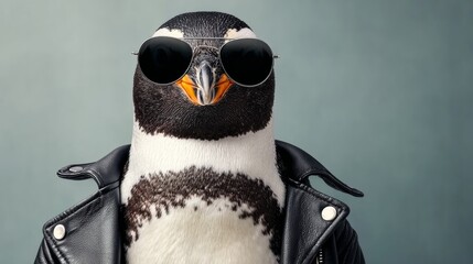 Plakat A penguin wearing sunglasses and a leather jacket. The penguin is posing for a photo. Scene is playful and fun