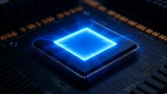 Close-up of powerful CPU processor activating and generating blue energy streams.