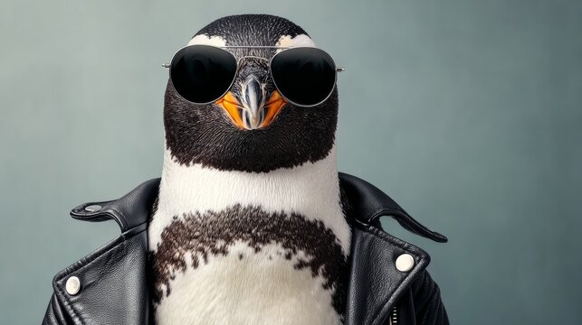 A penguin wearing sunglasses and a leather jacket. The penguin is posing for a photo. Scene is playful and fun