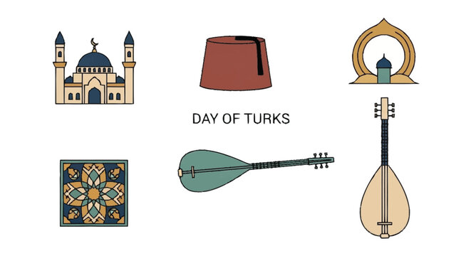 Turkish cultural symbols including mosque, fez hat, arch, geometric pattern, and musical instruments