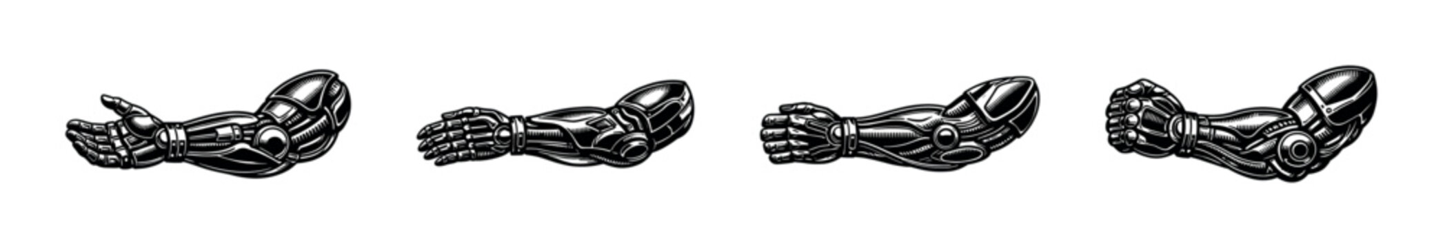 Robot arm flat vector icons set. futuristic mechanical limb collection. cybernetic technology design