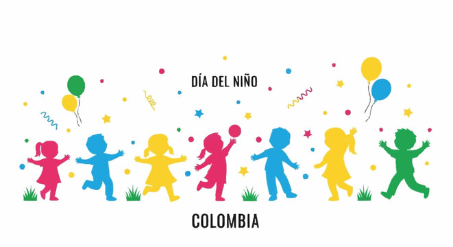 Dia del Nino Colombia colorful children playing balloons confetti children's day