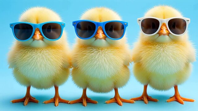 Three baby chicks wearing sunglasses