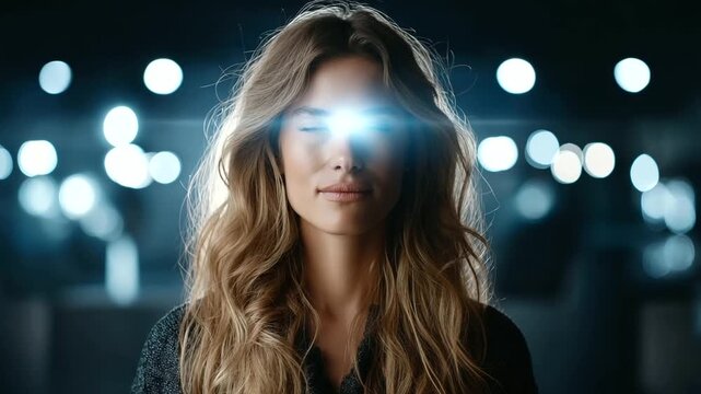 Faceless spiritual woman doing third eye meditation ajna chakra sixth chakra practice, opening third eye vision, connection to universe visualization, with copy space