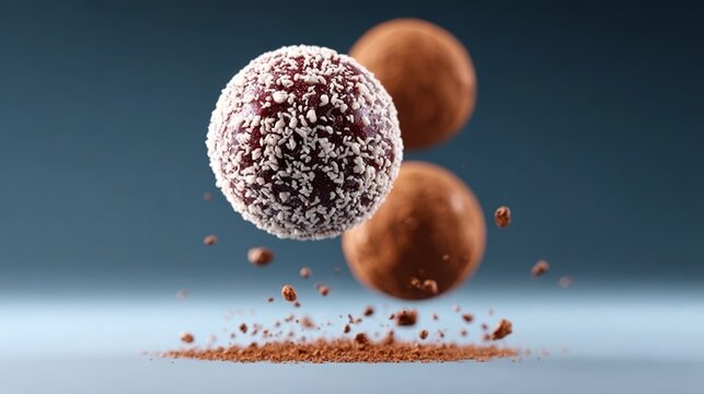 A chocolate ball with white sprinkles is flying through the air. Concept of motion and excitement, as if the chocolate ball is in the midst of a playful and energetic moment