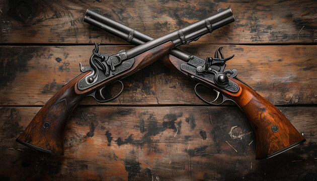 Two vintage pistols on wooden background