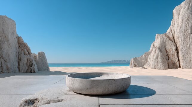A large white bowl sits on a concrete slab in front of a beach. The bowl is empty and the beach is calm and peaceful. Concept of relaxation and tranquility