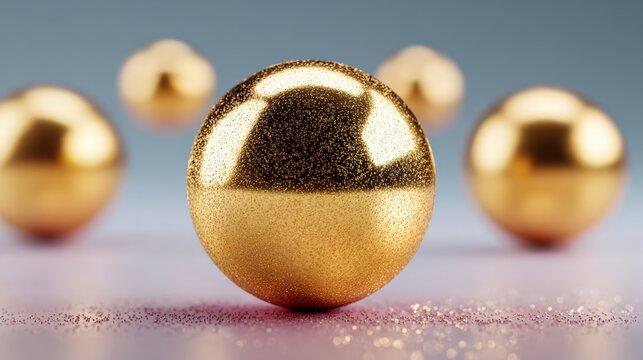 A gold ball is surrounded by other gold balls. The gold balls are shiny and reflective, creating a sense of luxury and opulence. The image evokes a feeling of wealth and abundance
