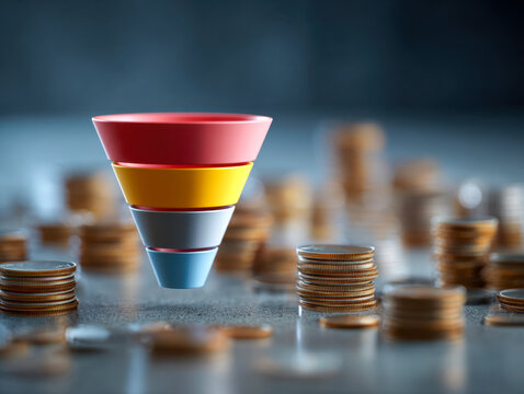 3d marketing funnel visualization with colorful layers hovering above stacks of coins representing financial growth and sales conversion process in business strategy