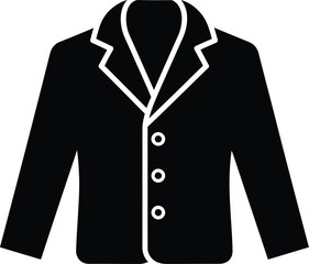 A black and white icon depicting a formal jacket or blazer with lapels and three buttons