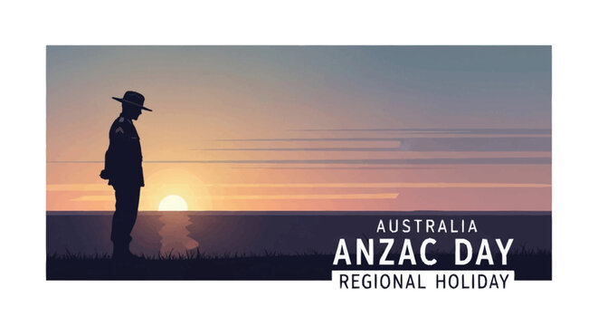 Silhouette of soldier at sunset with A N Z A C Day text ANZAC Day Australia