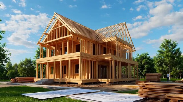 Wooden house frame under construction