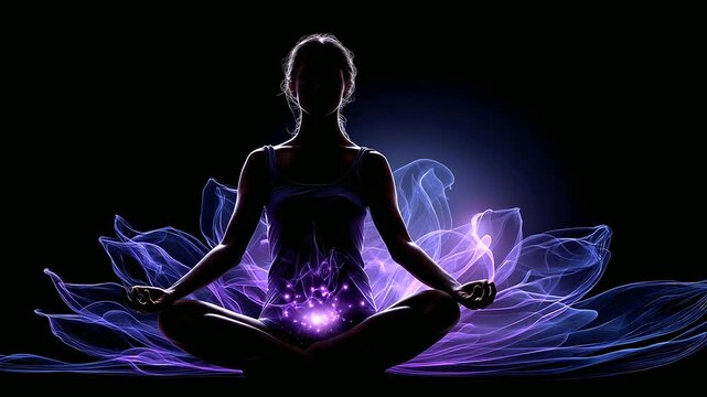 Crown chakra meditation silhouette visualization, activation of seventh chakra sahasrara transcendence with purple lotus radiating light and smoke, spiritual energy, with copy