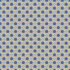 Blue and yellow circular floral seamless pattern on white. Retro ornamental repeat perfect for tiles, textiles, wrapping paper and branding.