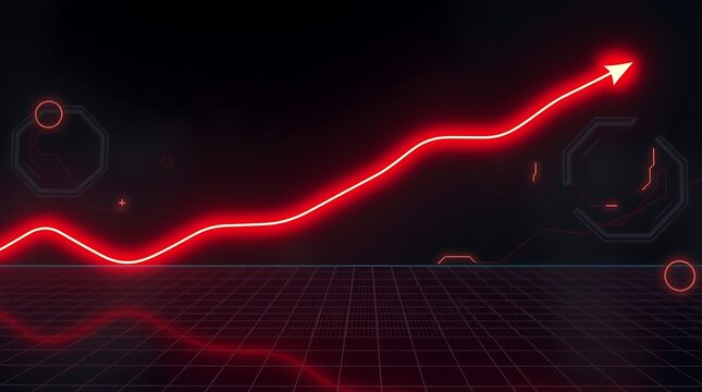 Glowing red upward trending arrow with light trail on dark digital grid background, futuristic growth and success concept