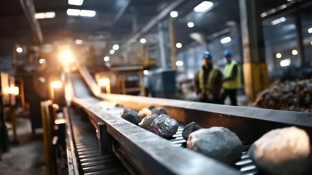 Dramatic shot of conveyor belt inside recycling facility transporting large chunks of scrap metal under industrial lights, faceless workers monitoring process, with copy space