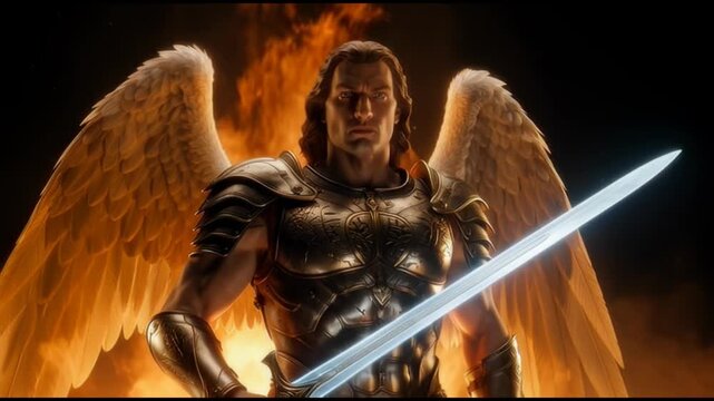 Cinematic Zoom of Archangel Warrior Holding Glowing Sword in Hellfire.