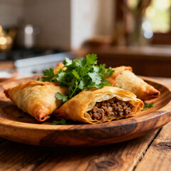 Savory briouats filled with spiced meat on a wooden platter  