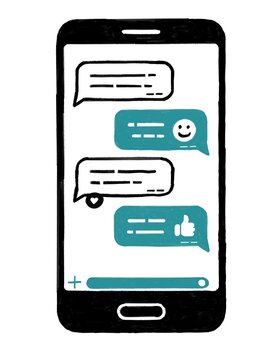 Ilustraci&oacute;n en duotono de un m&oacute;vil que muestra una conversaci&oacute;n v&iacute;a tensajes de texto 