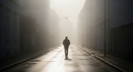 Man walking alone on empty street in fog, representing emotional struggle  