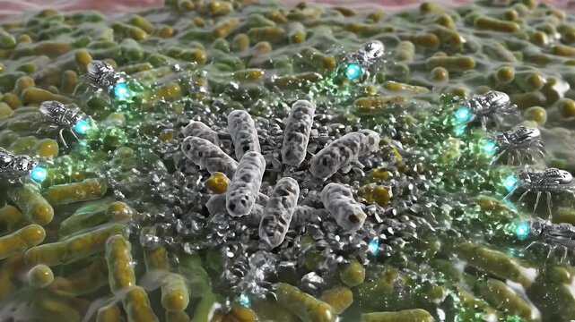 Microscopic View of Bacterial Colonies Forming Biofilms on Tissue Surface Microorganism Growth and Infection Process Scientific Animation