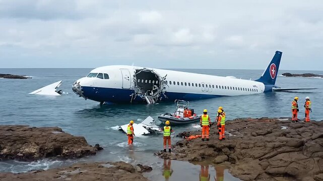 Partially submerged airliner, rescue workers on rocky shore, torn fuselage, dramatic coastal crash scene, documentary photography realism.