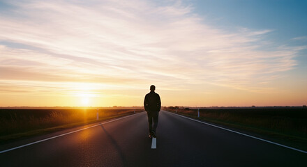 Man walking alone on empty road at sunset, symbolizing hope and recovery  