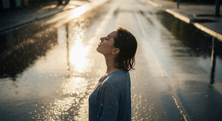 Young woman standing in rain looking up with closed eyes, reflecting  